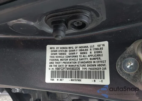 2017 Honda Civic Ex из США, поврежденный, VIN 19XFC2F7XHE003220